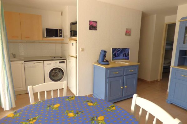 Espace de vie (15,4m2) ; -baie vitrée avec verre anti-effraction avec accès terrasse-jardin (60m2). -canapé-lit type clic clac en 140x190. -living room. -commode. -TV HD avec chaînes numériques. -coin repas. -cuisine ouverte.