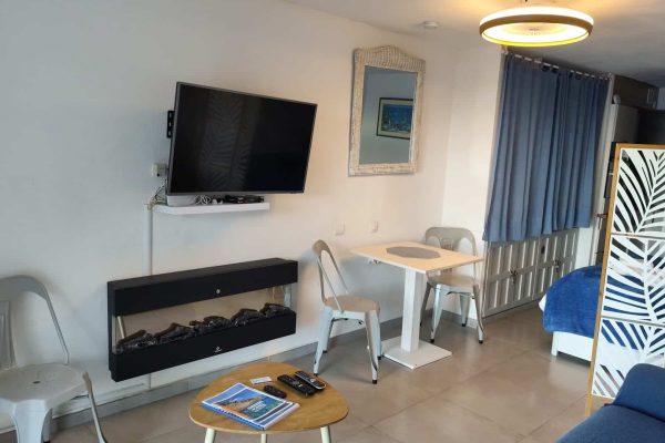Espace de vie (27m2) ;
-terrasse privative (10m2) avec vue mer.
-Wifi/ethernet.
-canapé 3 places.
-smart TV HD 46" orientable à 90°.
-ventilateur/éclairage de plafond ultra silencieux.
-cheminée électrique  avec ambiance cocooning.
-lit en 150x190cm.