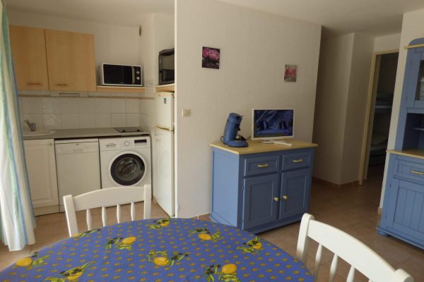 Espace de vie (15,4m2) ; -baie vitrée avec verre anti-effraction avec accès terrasse-jardin (60m2). -canapé-lit type clic clac en 140x190. -living room. -commode. -TV HD avec chaînes numériques. -coin repas. -cuisine ouverte.
