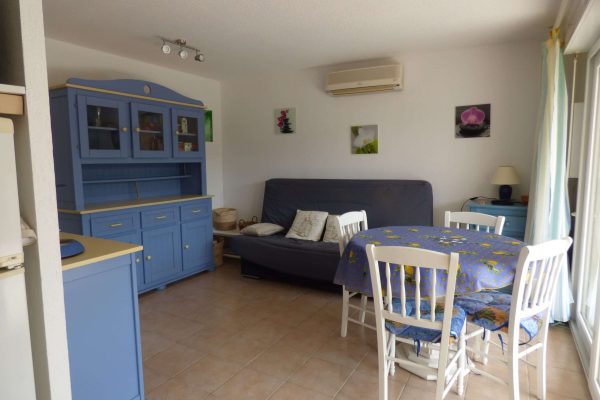 Espace de vie (15,4m2) ; -baie vitrée avec verre anti-effraction avec accès terrasse-jardin (60m2). -canapé-lit type clic clac en 140x190. -living room. -commode. -TV HD avec chaînes numériques. -coin repas. -cuisine ouverte.