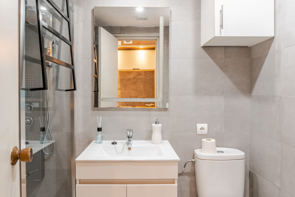 Salle d'eau ; •douche à l'italienne en 150x90 avec colonne de douche multifonction. •meuble vasque avec miroir. •lave-linge à hublot (6 kg). •WC. •sèche-cheveux •gel douche.