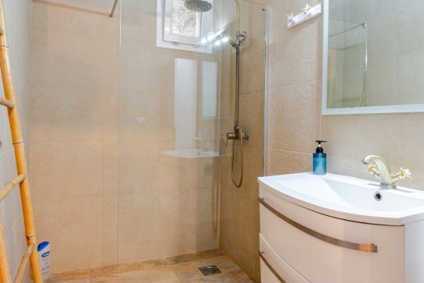 Salle d'eau ; -douche à l'italienne. -meuble vasque design avec miroir. -meuble colonne. -sèche-cheveux.